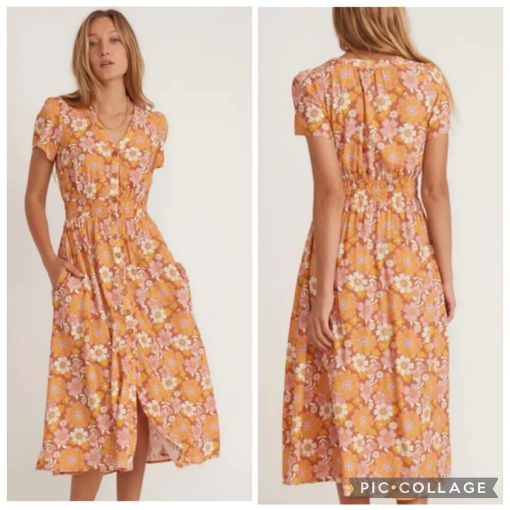 Marine Layer Annika Retro Floral Print Smocked Waist Midi Dress XL Bloomcore